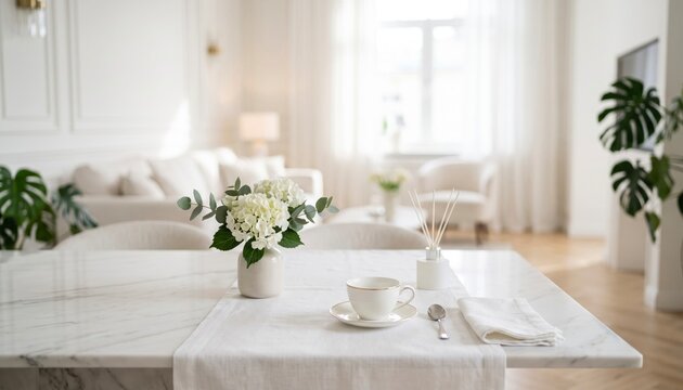 Minimalist White Dining Table with Flowers and Tea Set for Home Decor