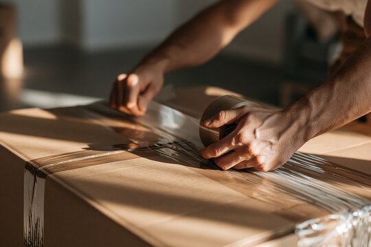 Hand Sealing Cardboard Box with Clear Tape