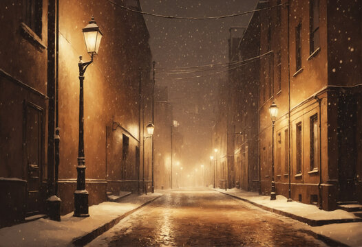 First snow falling on a quiet city alley at night Generative AI