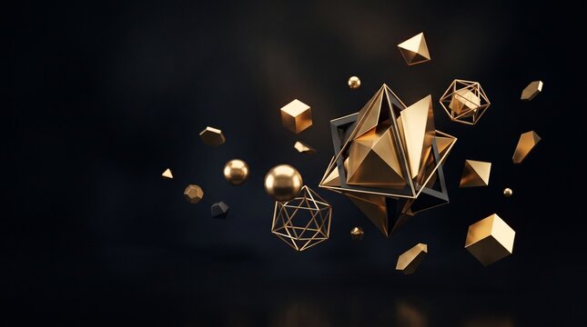 Abstract golden geometric shapes floating in dark space with soft lighting and reflections
