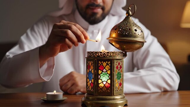 Man in traditional white thawb lights incense burner with a delicate flame during golden hour softly lit interior