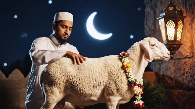 Muslim man gently petting a sheep with crescent moon and lanterns in background during Eid celebration