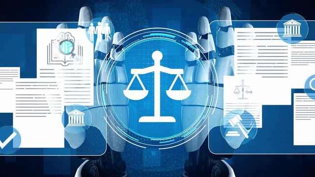 Robotic Legal Assistant with Scales of Justice Amid Digital Documents and Law Symbols in Futuristic Legal Technology Visualization. Entropy.