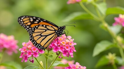 Obraz premium Monarch butterfly resting on a pink lantana flower in a sunny garden