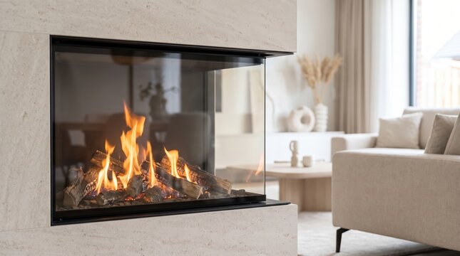 Modern glass fireplace with burning fire in cozy living room interior. Warm flames behind transparent glass panel in stylish home. Comfort, warmth and luxury interior design concept for winter season.