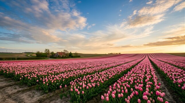 Pink tulip field in the Netherlands landscape at sunset with farmhouse