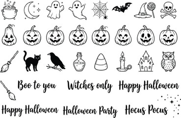 Obraz premium Halloween holiday doodle icon set featuring pumpkins ghosts and spooky elements isolated on transparent background