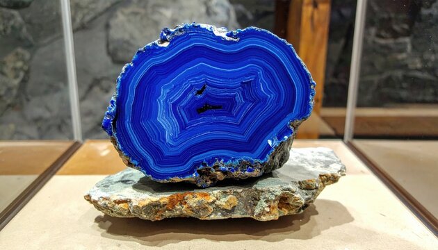 Stunning cross section of a deep blue azurite geode displaying intricate concentric ring patterns and fibrous crystalline structures