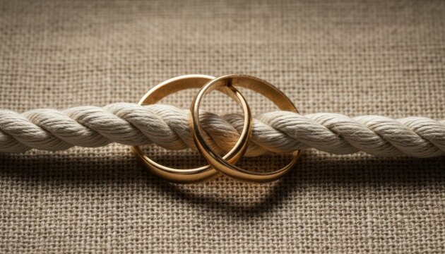 Two gold wedding rings interlocked on a thick white nautical rope resting on a rustic burlap textured fabric background surface