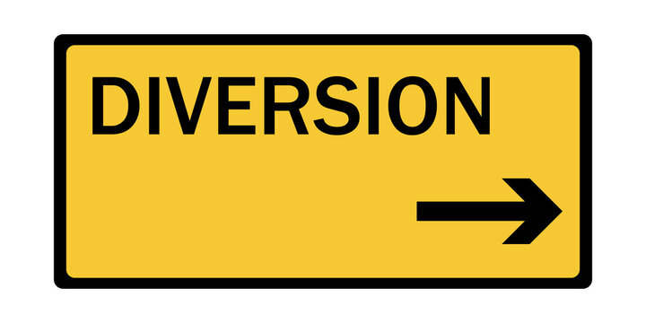 Yellow diversion road sign with a black arrow pointing to the right