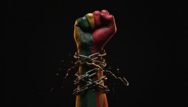 Symbolic raised fist painted with national flag colors constrained by heavy metal chains representing freedom from oppression and injustice