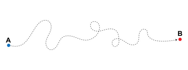 Dashed line path from point a to point b showing a winding journey or complex route © Game
