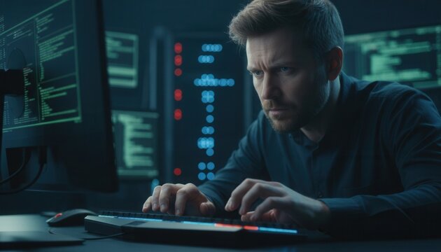 Focused cybersecurity analyst typing code on a keyboard in a dark office illuminated by the soft blue light of multiple computer monitors