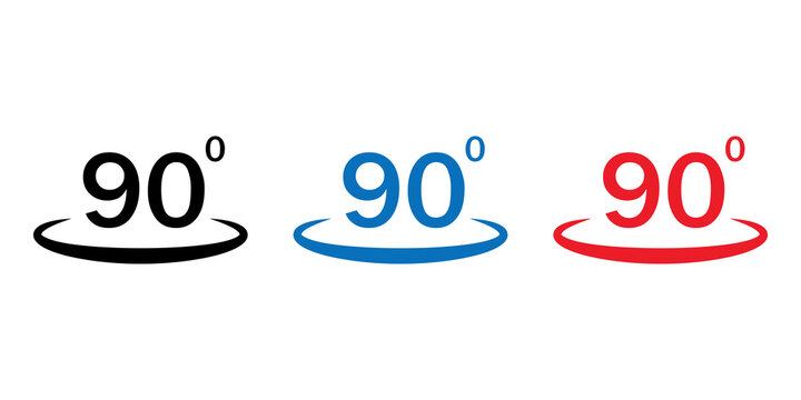 Set of ninety degree angle icons with circular rotation arrows in black blue and red colors