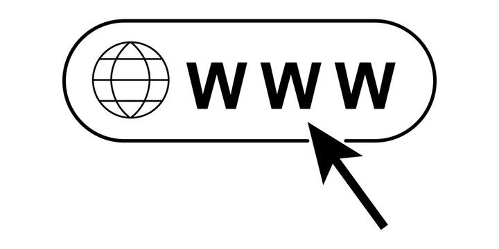 Black and white icon of a world globe symbol with www text and a computer mouse cursor arrow