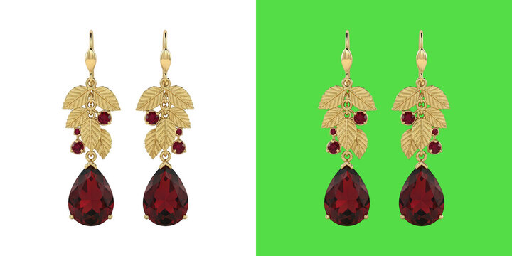 Gold leaf drop earrings with red gemstone pendants