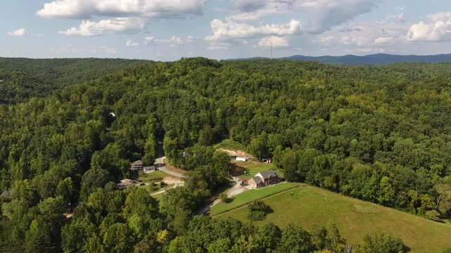 Aerial of rural residential development in Appalachian forested area in Huntsville Tennessee in summer