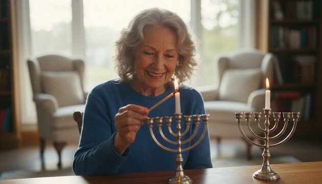 Senior woman lighting a single candle on a classic silver menorah in a cozy sunlit room during a serene Hanukkah celebration