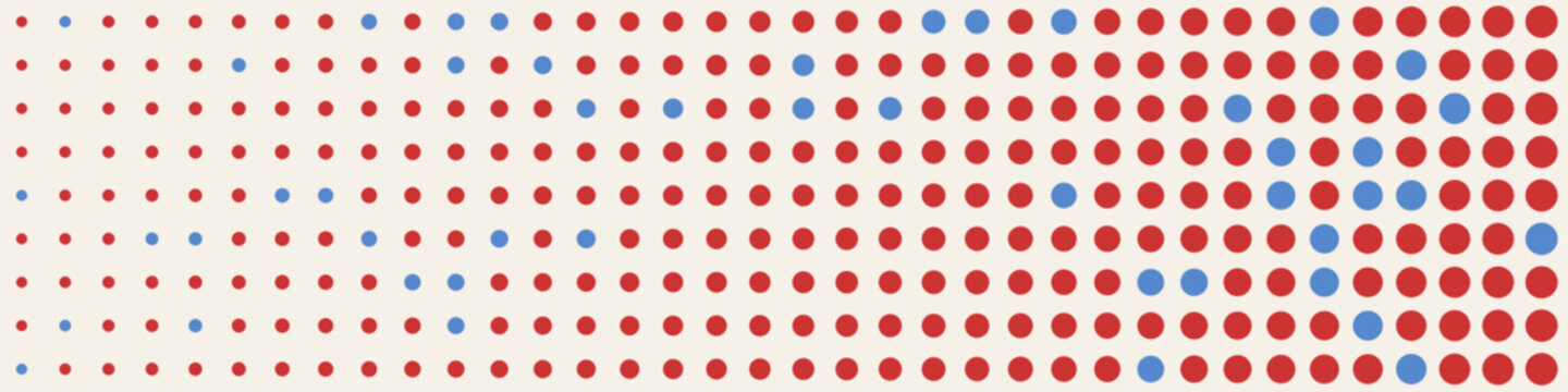 Halftone dots increasing in size across gradient field with scattered blue circles