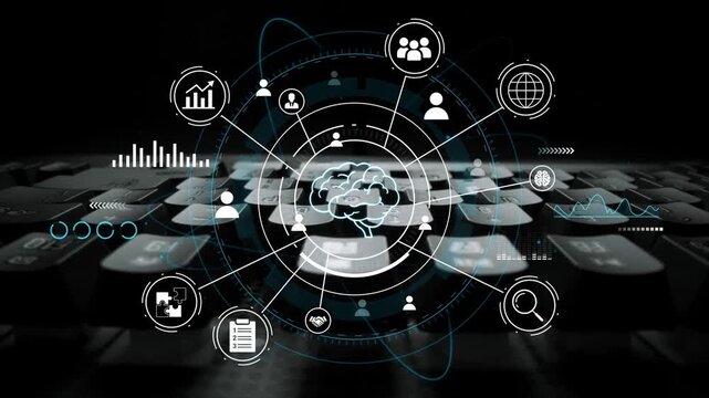 Futuristic Concept of Data Analysis and Artificial Intelligence with Brain and Digital Icons on a Keyboard Background for Technology Themes. Entropy.