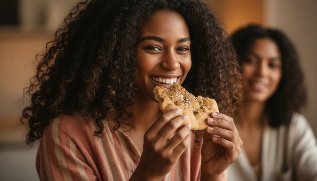 Charming and joyful Black woman with beautiful curly hair eating a delicious piece of flatbread with herbs indoors