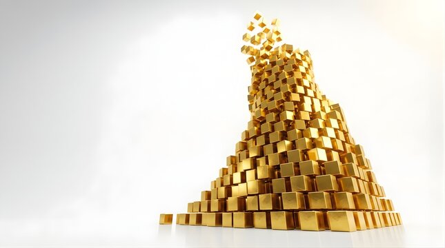 Abstract gold cube pyramid structure dispersing into particles on white