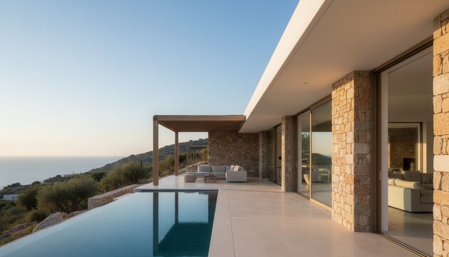 Contemporary coastal hillside home in the Mediterranean constructed from local dry stone masonry with an infinity pool and sea view