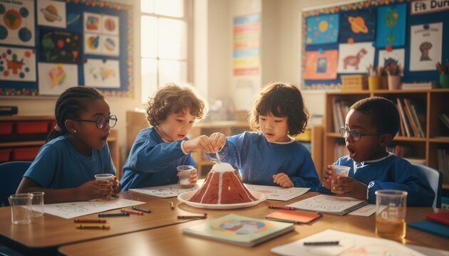 Candid documentary photograph of a diverse group of four young children collaborating on a baking soda volcano science project in a bright classroom