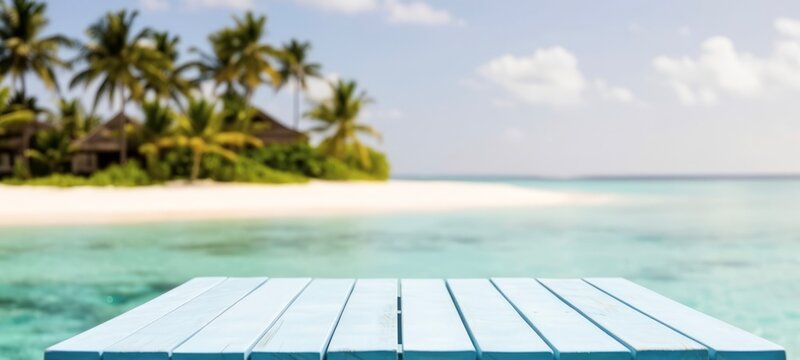 Wooden Table Top on Tropical Beach with Palm Trees and Ocean View for Web Design