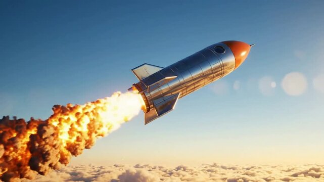 Retro rocket ship launching into space, cinematic 3D animation of a silver spaceship ascending above clouds at sunset