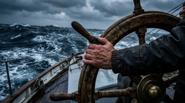 Close up of a sailor hand steering an old wooden ship wheel in rough sea
