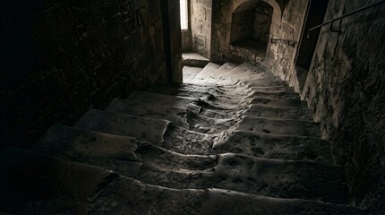 Fototapeta premium Dark historic stone staircase inside an old castle with worn steps
