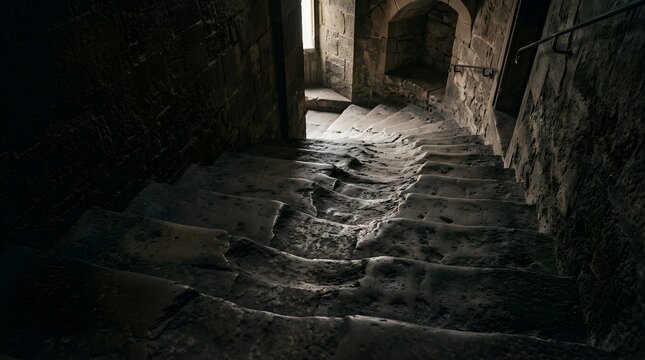 Dark historic stone staircase inside an old castle with worn steps