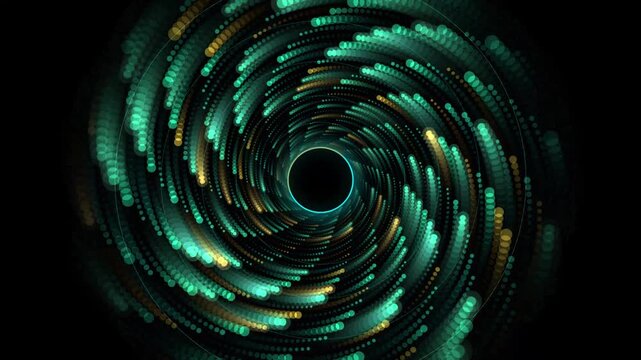 Abstract circular light tunnel spiraling towards dark center loop in motion graphics style.