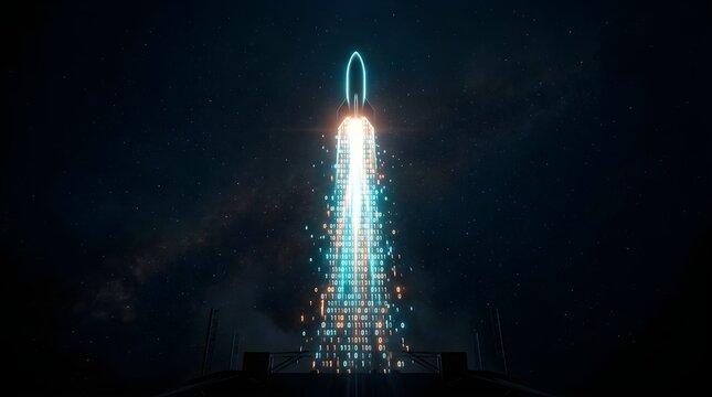 Digital rocket launch with binary code trail rising into outer space