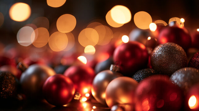 Christmas Baubles and Sparkling Bokeh Holiday Lights Background