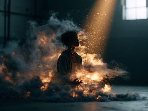 Person Meditating in Glowing Smoke Under Dramatic Light