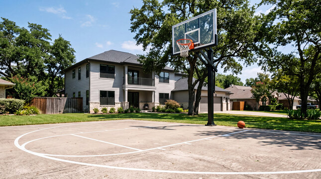 Backyard Basketball Court Outside Modern Suburban Home