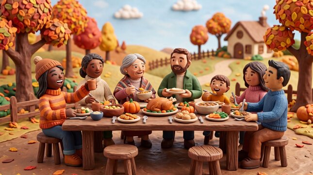 Claymation Family Celebrating Thanksgiving Dinner Outdoors in Autumn
