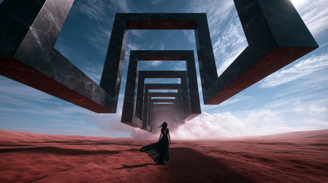Surreal Desert Landscape with Floating Geometric Portals and Figure