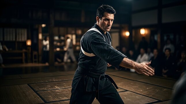 Focused male martial artist practicing karate in a traditional dojo interior
