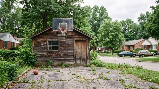 Old Basketball Hoop on Weathered Wooden Garage in Suburbs