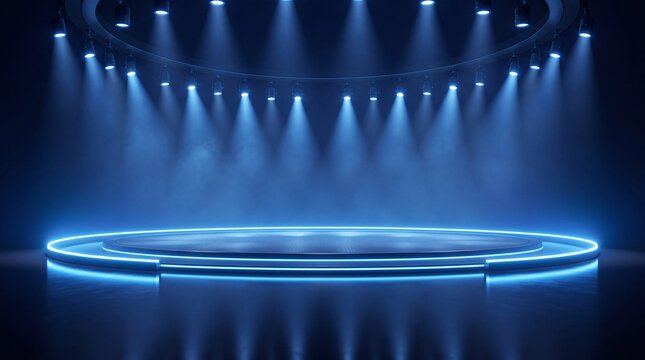 Futuristic Empty Stage with Blue Neon Spotlights