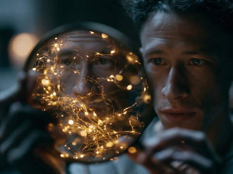 Young Man Looking Through Magnifying Glass with Glowing Lights