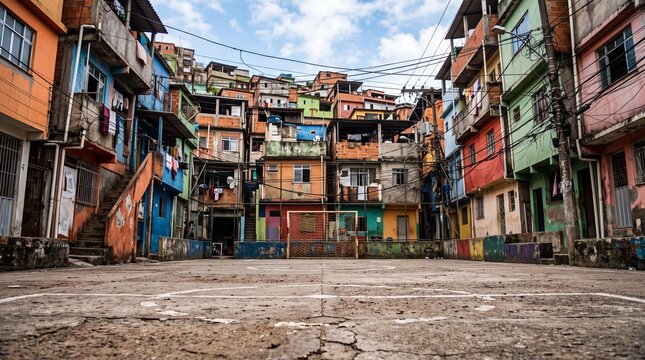 Empty Soccer Pitch in Colorful Favela Community