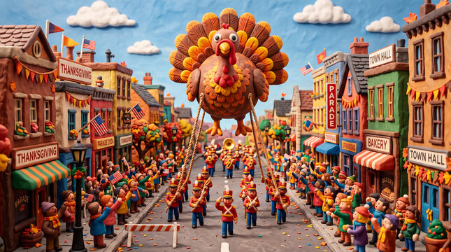 Claymation Thanksgiving Parade with Giant Turkey Balloon in Town