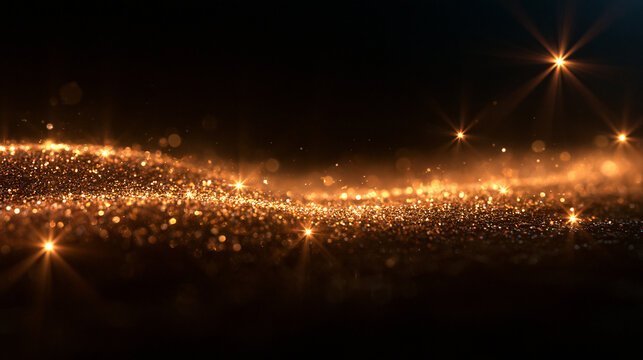 Golden Glitter Wave with Sparkling Lights on Dark Background