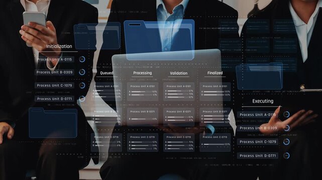 A professional business team engages in collaboration, utilizing digital interfaces for effective process management and workflow optimization in a modern office setting. Raster