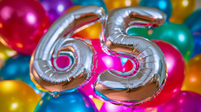 Silver number 65 balloons surrounded by colorful party balloons and festive bokeh, representing a milestone birthday, anniversary, retirement and joyful celebration