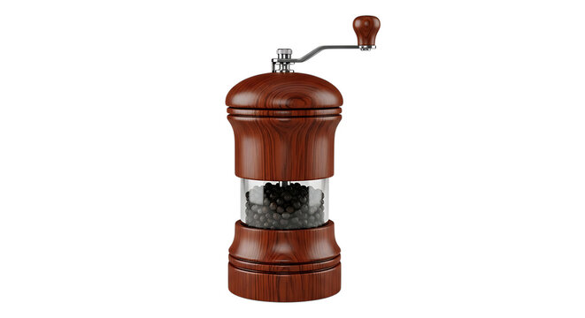 Classic Wooden Pepper Mill Filled With Black Peppercorns Isolated On White